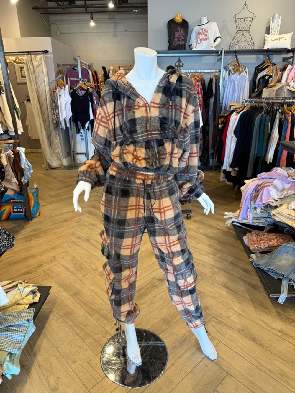 Cozy Plaid Fleece Jogger Jumpsuit - Beige & Gray